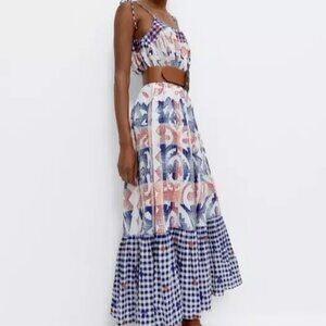 Uterque Sling Printed Maxi Long Dress Beaded Embroidered Block Blue M New 225236